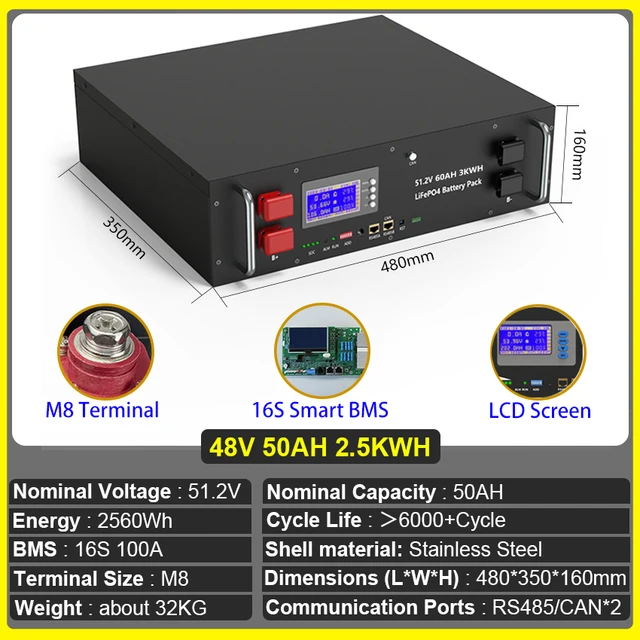 LiFePO4 48V 150Ah 100Ah 200Ah Battery Pack 51.2V 7KWh 10KWh Built-in ...