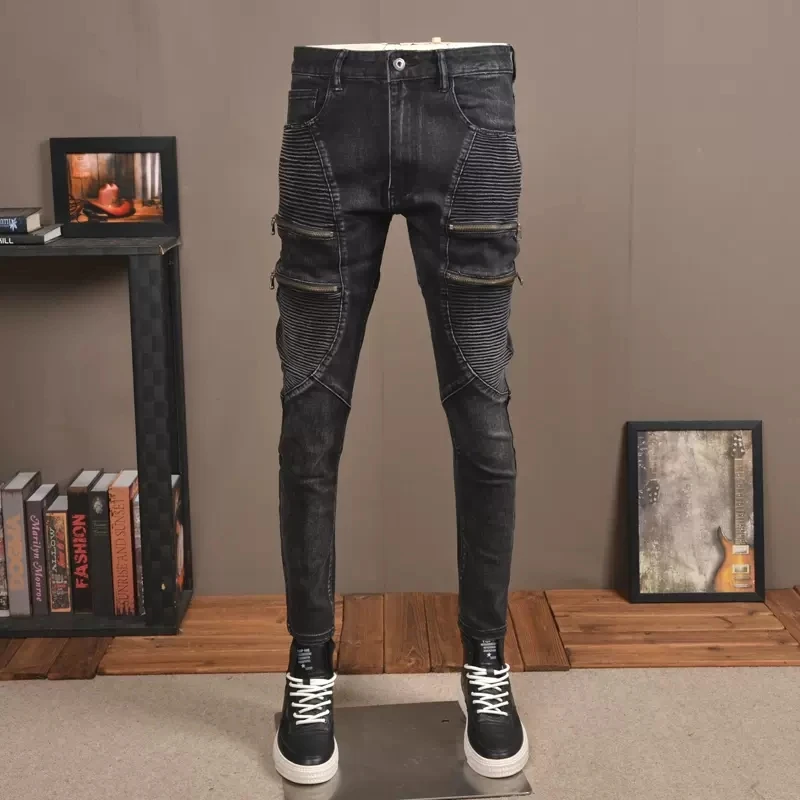 Streetwear Fashion Men Jeans Retro Black Gray Spliced Slim Fit Biker Jeans Homme Zipper Designer Stretch Hip Hop Pants Hombre