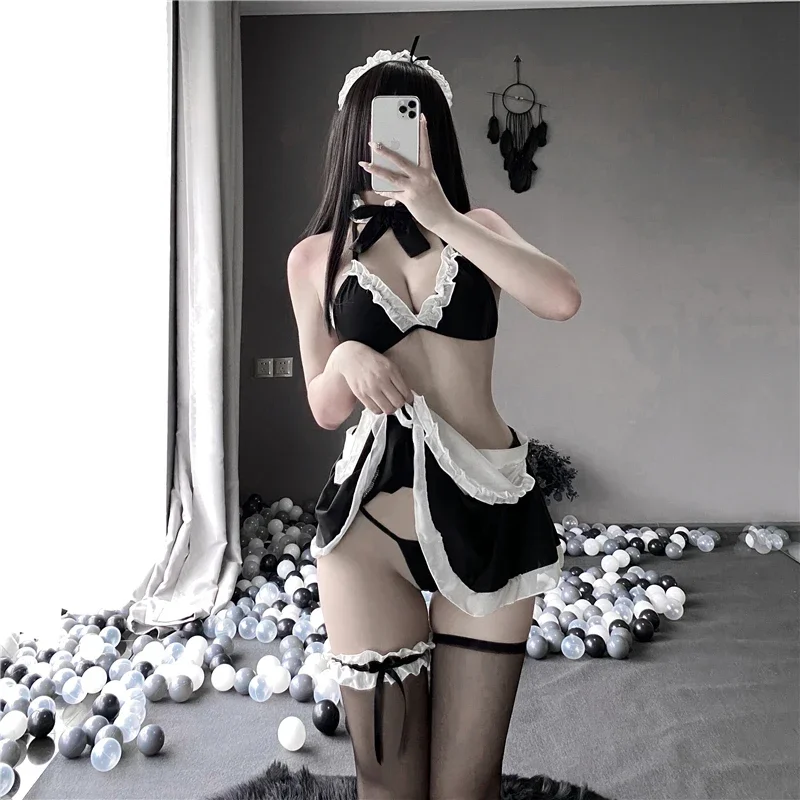

Sexy Lingerie Maid Girl Uniform Black Apron Bra Lace Suit Dress Exotic Costumes Pajamas Night Club Waitress Wear for Women Girls