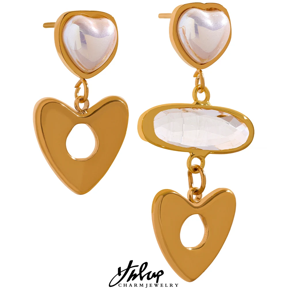 YhpupElegantImitationPearlsZirconHeartAsymmetriesStainlessSteel