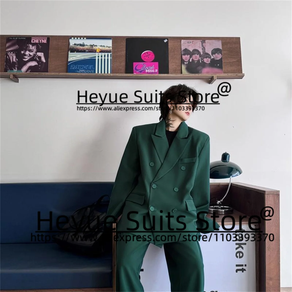 Korean Fashion Green Double-breasted Men Suits Slim Fit Peak Lapel Groom Proom Tuxedos 2Pcs Sets loose Male Blazer Costume Homme