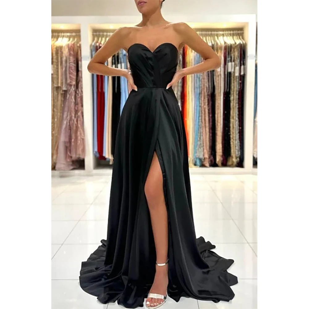 

Черное вечернее платье с разрезом сердечком, атласное платье со шлейфом без рукавов, со складками, для особых случаев, для выпускного вечера, элегантные женские платья