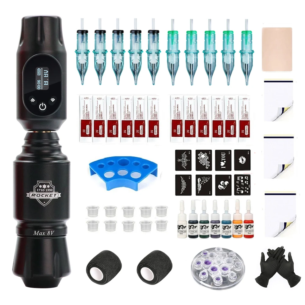 Professional Tattoo Machine Kit Complete Rocket Mini Rotary Pen Set Wireless Tattoo Power Supply Ink Accessories for Body Artist