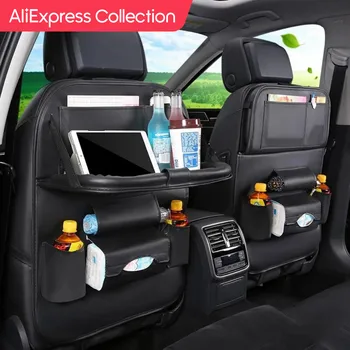 접이식 테이블 트레이가있는 AliExpress 컬렉션 카시트 백 주최자 PU 가죽 스토리지 주최자 포켓 킥 매트 좌석