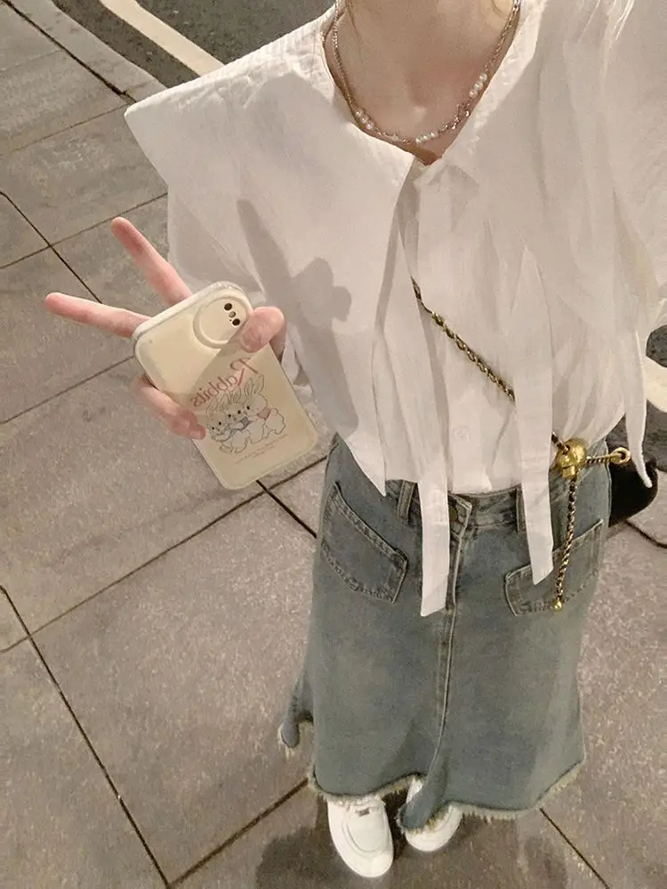 Fashion Women's Suit 2023 Spring and Autumn New Korean Version Ruffle Design Big Lapel Shirt Antique Denim Skirt Two-piece Suit