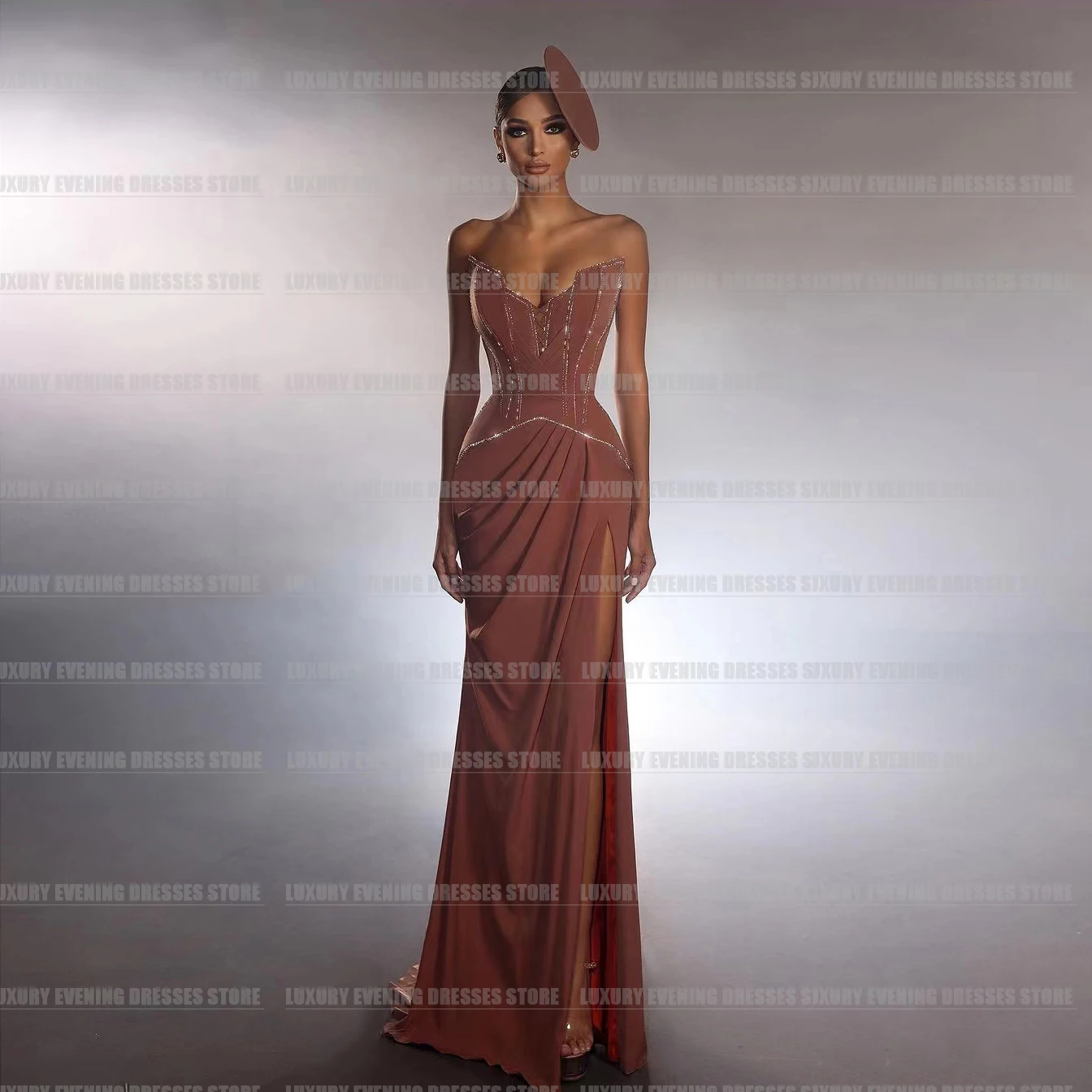 

Simple Glitter Evening Dresses For Woman Mermaid Sparkle V Neck Sleeveless Sexy Side Split Formal Elegant Satin Party Prom Gowns