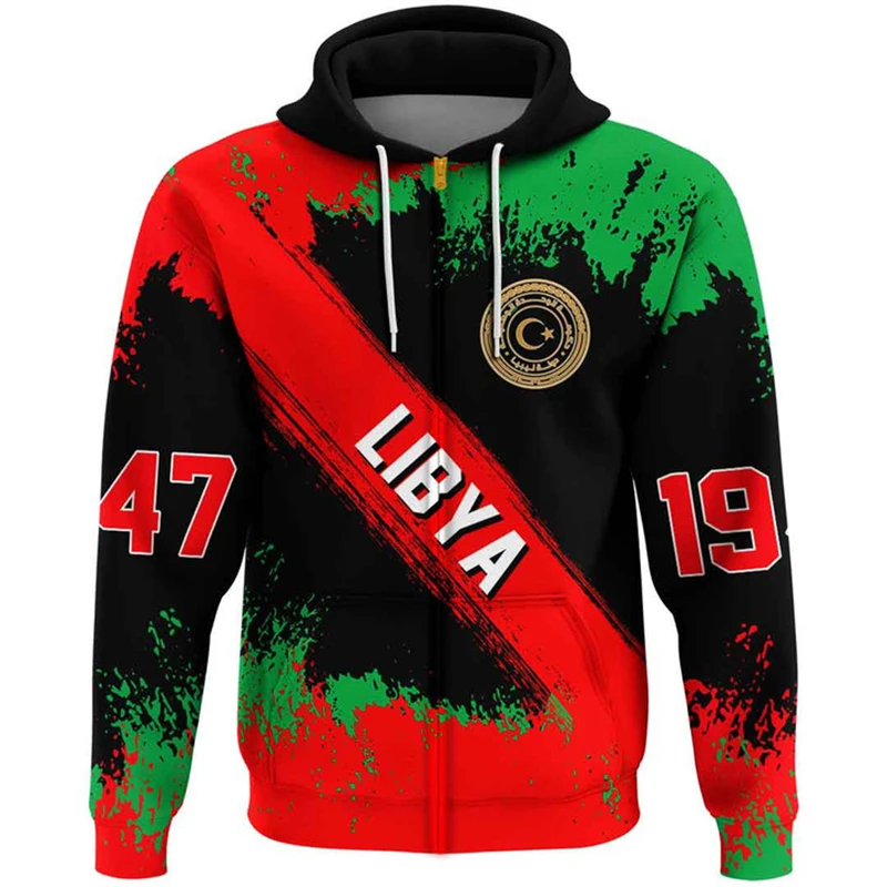 thumbnail image 1 of Sudadera con capucha y cremallera con el emblema nacional de Libia y la bandera de Libia para hombre, ropa informal, sudadera deportiva para niño, 1 of 4