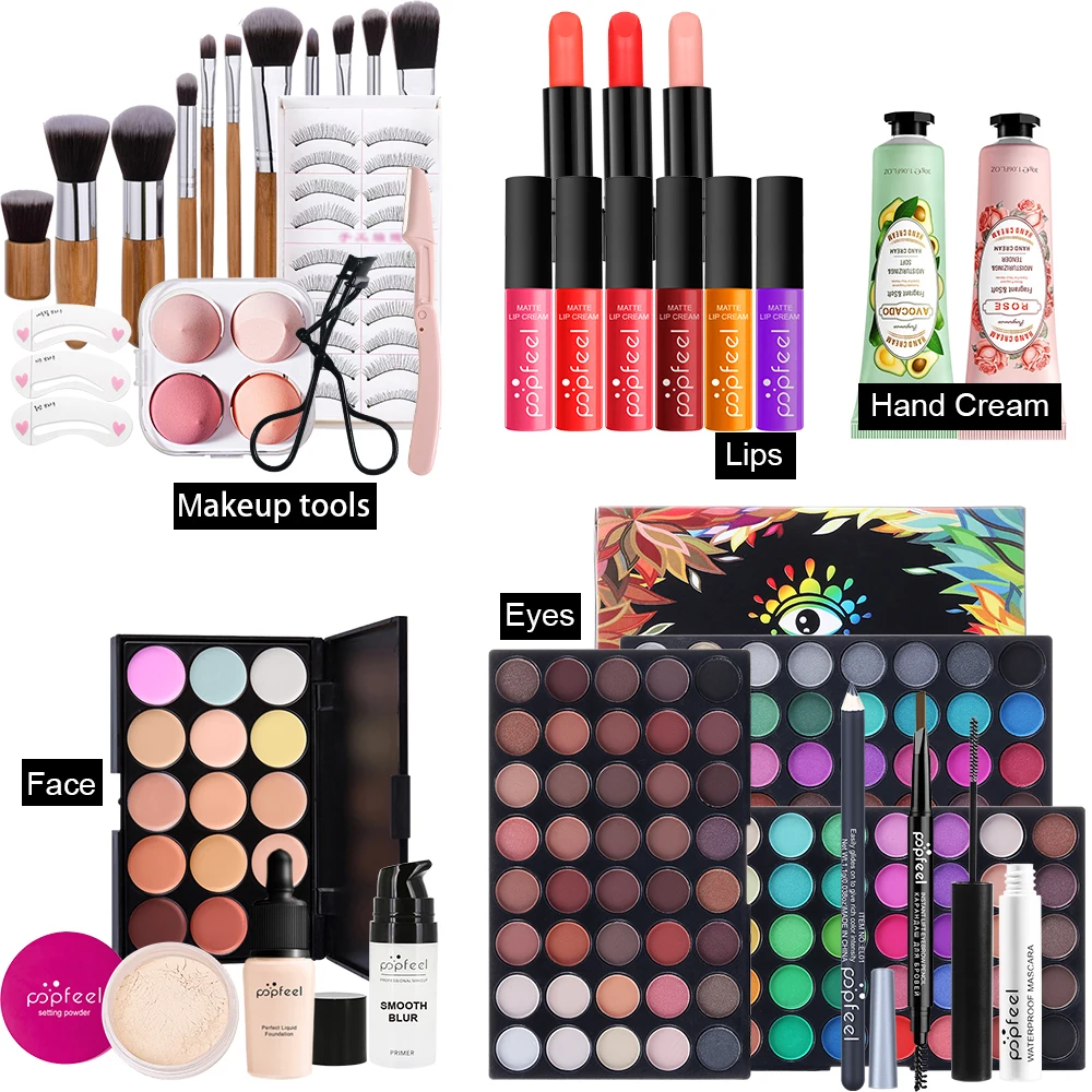 POPFEEL All-in-One Makeup Gift Set-Professional Makeup Brush Set, Eyeshadow Palette & Lip Gloss Kit, Holiday Gift Box for Begi