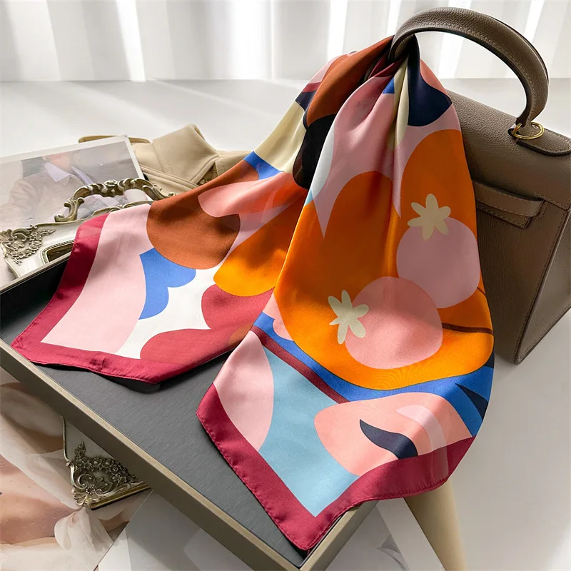 70*70cm Silk Square Scarf Women Soft Flower Print Hairband Foulard Neckerchief Hijab Tie Bag Ribbon Headband Fashion Decoration 6