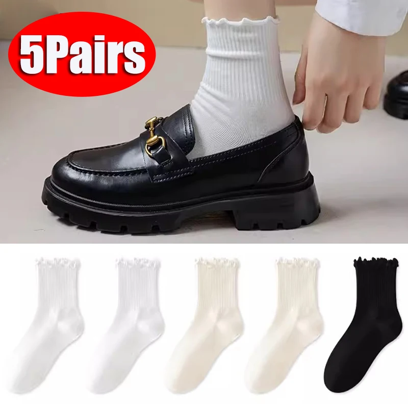 

5pairs Cute Socks for Women Spring Summer Japanese Cotton Socks Girls Short Socks Kawaii Solid Sock Frilly Ruffle Socks Casual