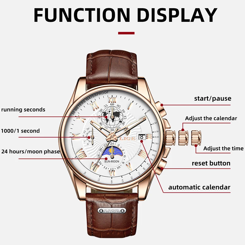 2024 LIGE Watch Men Top Brand Luxury Leather Men Watch Business Waterproof Sports Chronograph Quartz Wristwatches Montre Homme