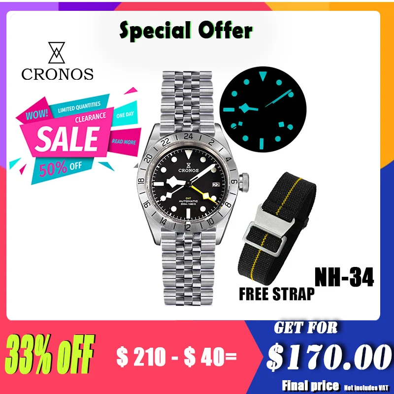 Cronos Vintage Gmt 39Mm Nh34 Orologio Da Uomo Automatico Vetro Zaffiro Meccanico Data Finestra Bgw9 Lum Jubilee 5 Maglie Bracciale L6022M