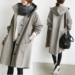 Fashion Trench Coat Female Autumn Casual Long Sleeve Hooded Medium Long Overcoat Loose Windbreaker Coat Spring Trench