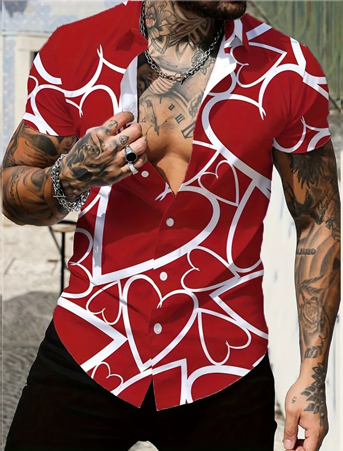 thumbnail image 1 of Camisas de manga corta con estampado gráfico divertido para el día de San Valentín 2024 para hombre, camisas de manga corta con cuello vuelto y tejido elástico en 4 direcciones para amantes, 1 of 5