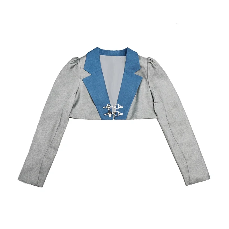 Original Design Grey Blue Color Patch Short Blazer Subculture Punk Gothic Hot Girls Jacket Short Coats Autumn Tops Women