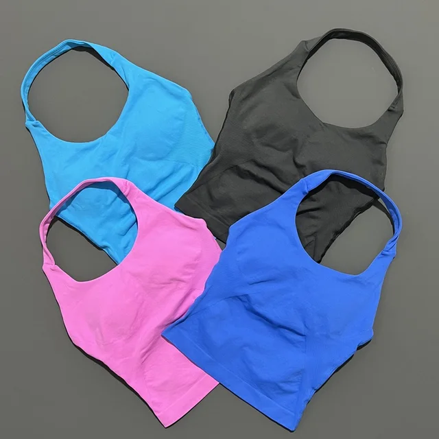HISTELLO Impact Halter Top Seamless Longline Strappy Gym Top Women Built-in Bra Removable Cups Activewear Yoga Tank Tops
