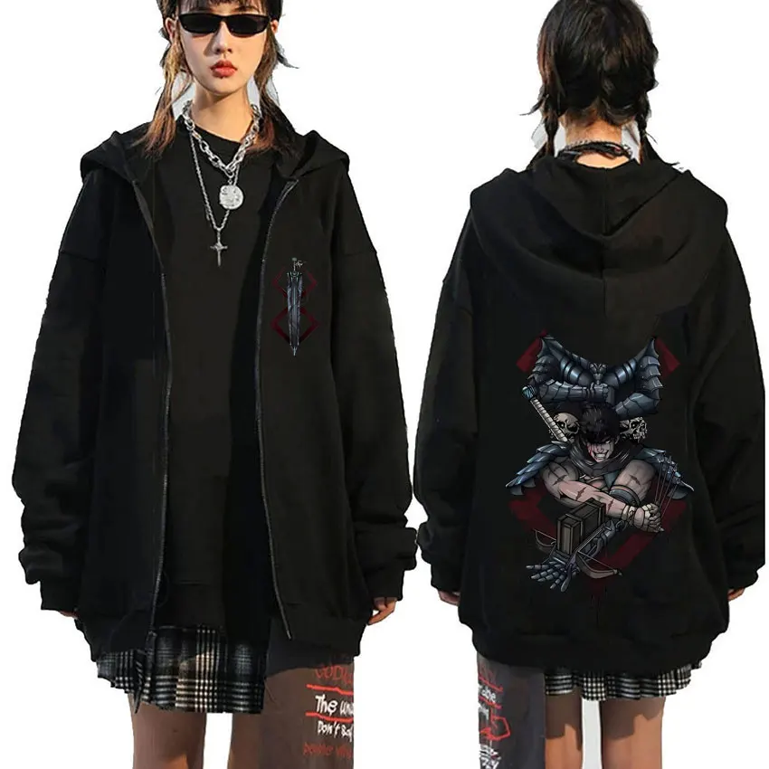 

Japanese Anime Berserk Guts Graphic Print Zipper Hoodie Men Women 90s Vintage Manga Zip Up Jacket Male Casual Hoodies Streetwear