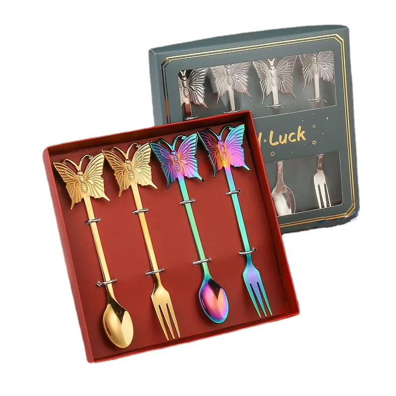 

4PCS 304 Stainless Steel Spoon And Fork Gift Box Set Butterfly Hanging Cup Spoon Coffee Stirring Spoon Fruit Fork Christmas Gift