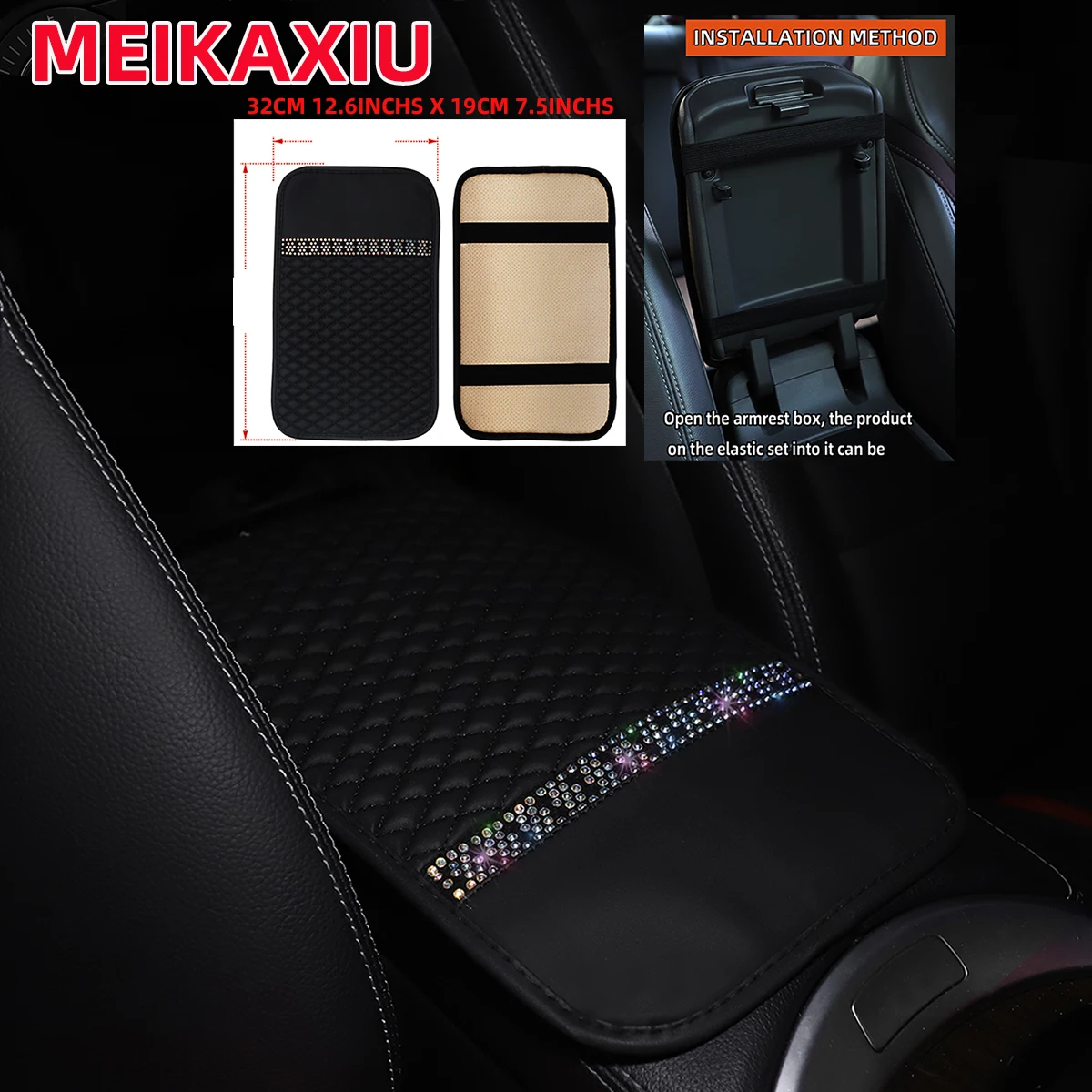 6 Stück diamantbesetzte PU-Leder-Lenkrad-Schalthebelabdeckung für Autos mit bestickter Armlehne, Schulterschutz, Handbremsschutz – Detail 5