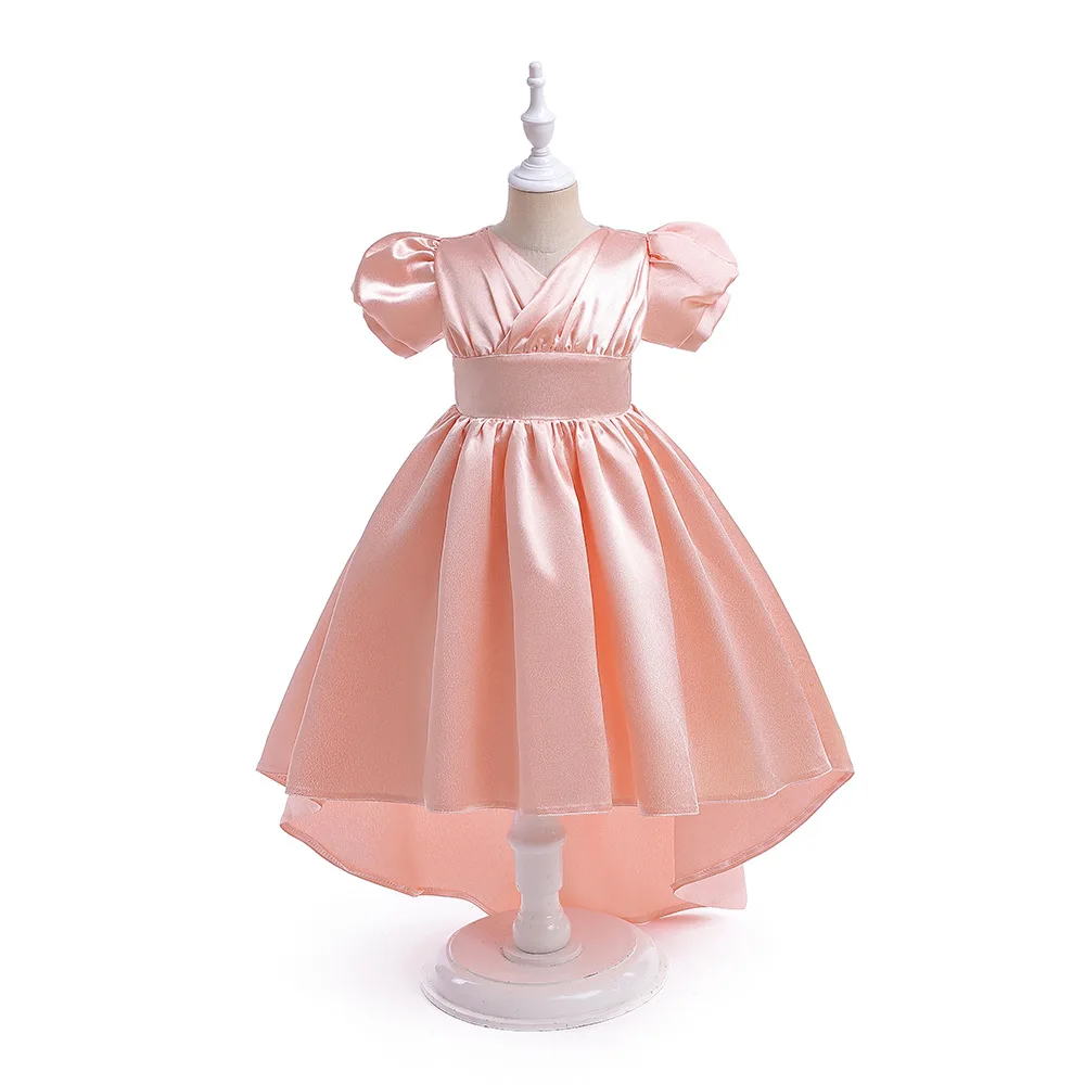 

Short Sleeve Flower Girl Dresses Princess Wedding Birthday Party Gowns Satin Hi- Lo Ball Gown Junior Bridesmaid Dress