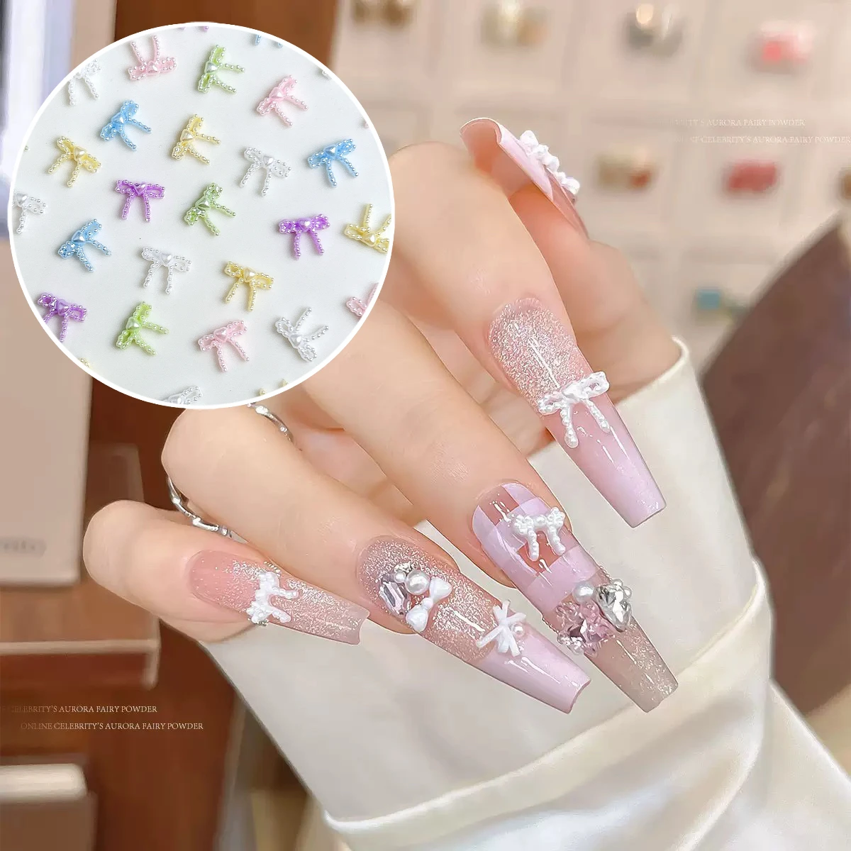 100개 마카롱 미니 펄 리본 레진 네일 참 장식, 창의적인 스위트 라인 리본 매듭 네일 아트 장식, DIY 요정 네일 부품