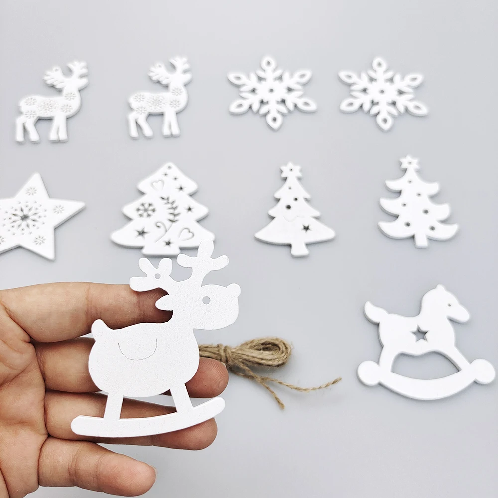 10Pcs Christmas Wooden Chips Slice Christmas Pendant Red White Snowflake Xmax Tree Hanging Pendant Christmas Decorations Crafts