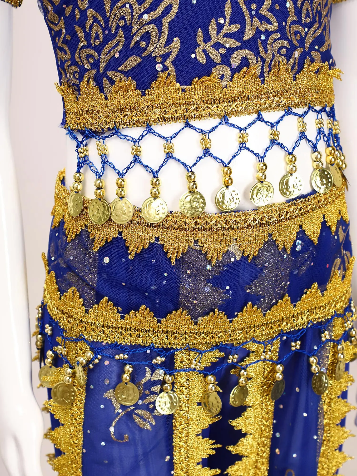 Kids Girls Belly Dance Outfits Shiny Floral Print Short Sleeve Lace-Up Back Sequin Tassels Crop Top Bloomers Pants Waist Chain