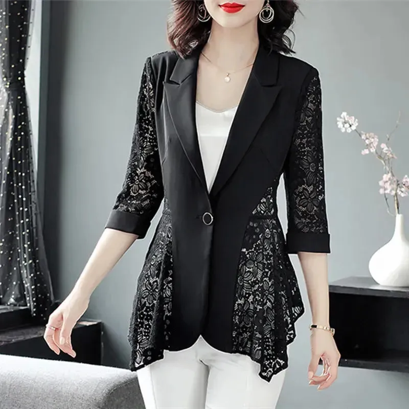 

Western-Style Short Coat Summer Lace Stitching Fashion Outside Cardigan Woman Jacket Stand-up Collar Seven-Point Sleeve