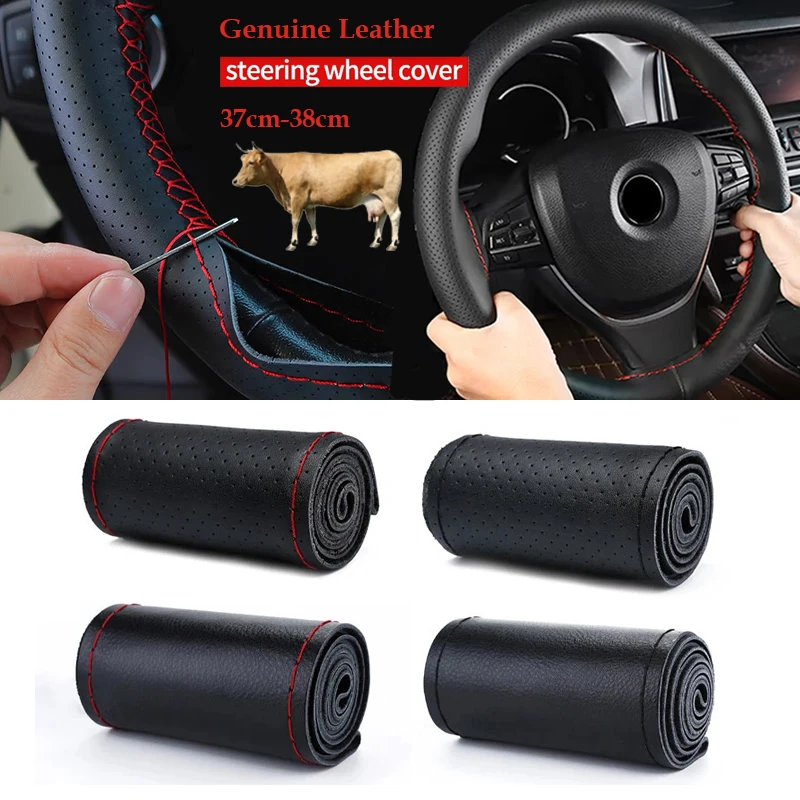Premium Genuine Leather Anti-Slip Steering Wheel Cover with Braided Design, Cowhide Material, 37cm-38cm