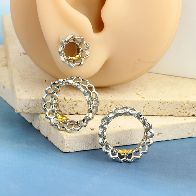 Fashion Copper Bee Hollow Ear Tunnels Gauges Expanders Plugs Earring Piercing Body Jewelry Stretchers Double Flare  2PCS
