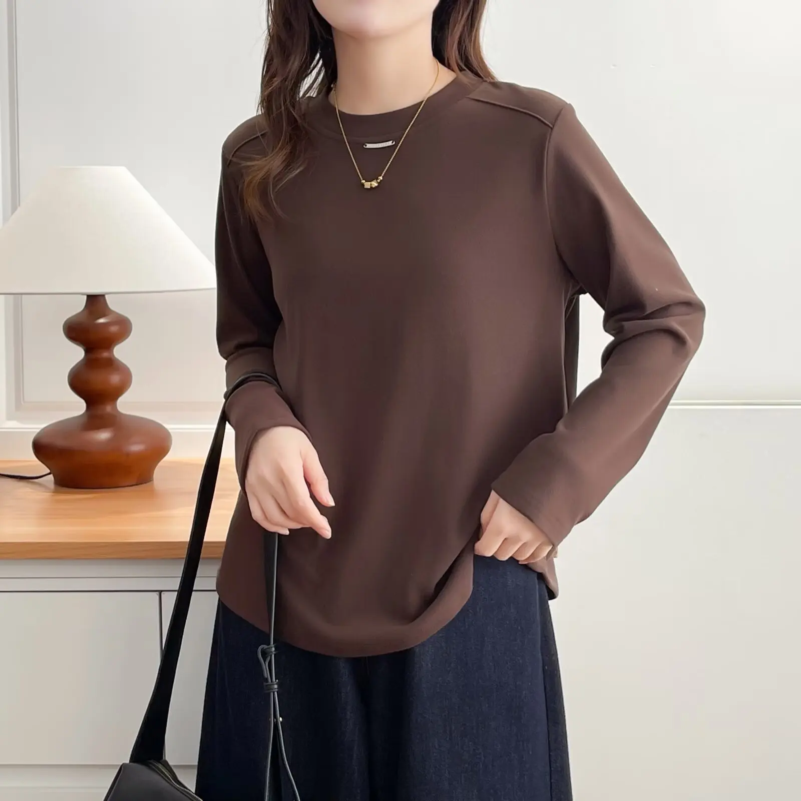 XXXXL Fashion Plus Size Women's T-Shirt Autumn And Winter New Simple Basic Warm Fleece Label O-Neck Long Sleeved Top 2535