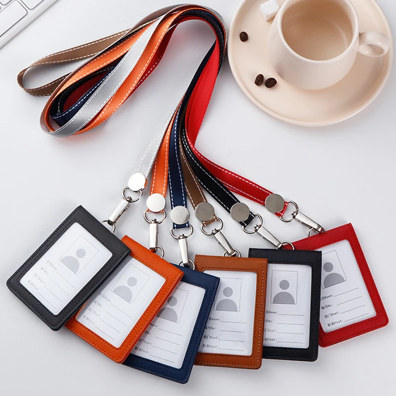 

Retractable Lanyards ID Holder Name Badges Protector Case Work Card Case Card Cover Leather PU Business Neck Strap