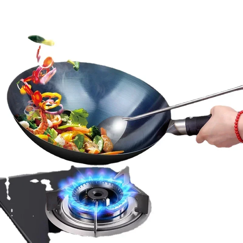 Iron Wok 32/34cm Seasoning Blue Iron Wok Uncoated Nonstick Pot Lightweight Classic Chef Wok Outdoor Kitchen Cookware for Gas Stove