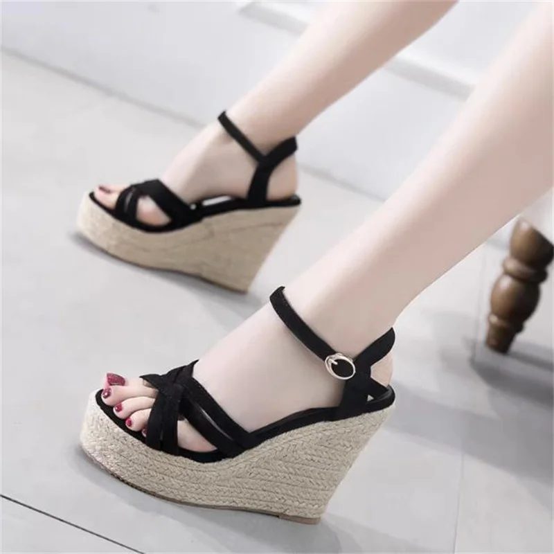 

Summer new braided twine line buckle with wedge high heels women's shoes fish mouth thick sole inside elevation sandals