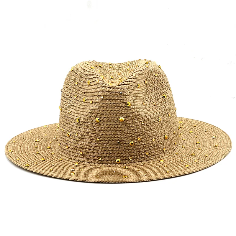 Luxury Diamond Panama Soft Shaped Straw Hat Summer Women Wide Brim Beach Sun Cap Uv Protection Girl Fedora Hat 3