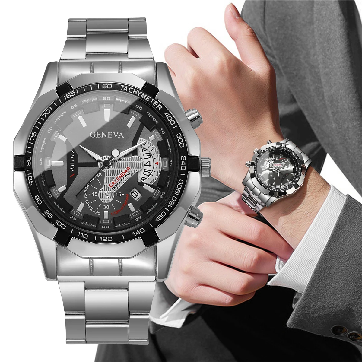 1pcs/set Men's Business Style Watch Simple Casual Scale Dial Men's Luxury Quartz Watch Combination Set (Box Not Included)