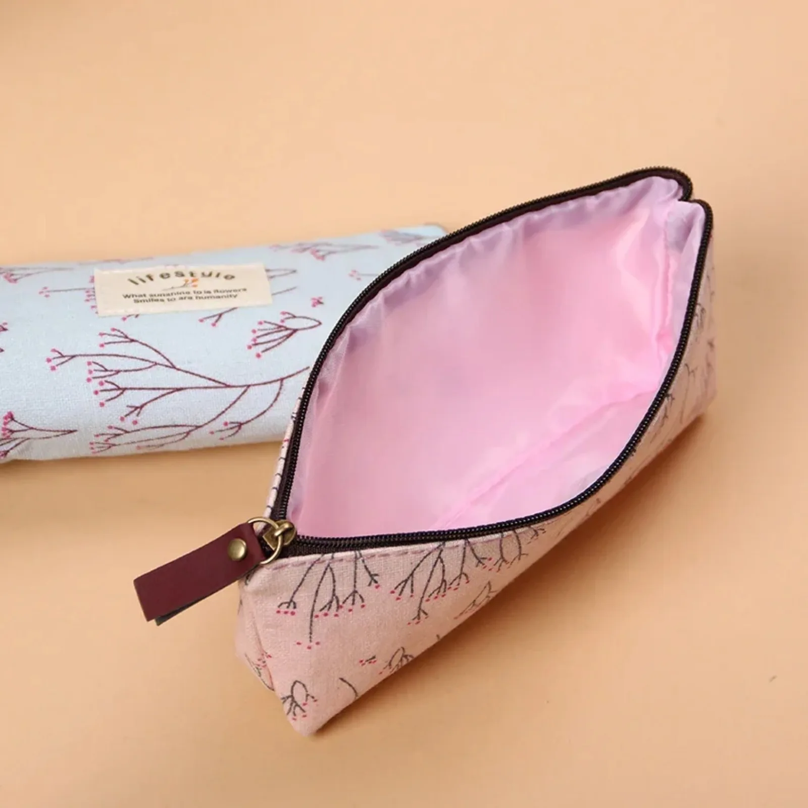 Cute Kawaii Floral Flower Canvas Zipper Pencil Cases Fabric Flower Tree Pen Bags School Supplies