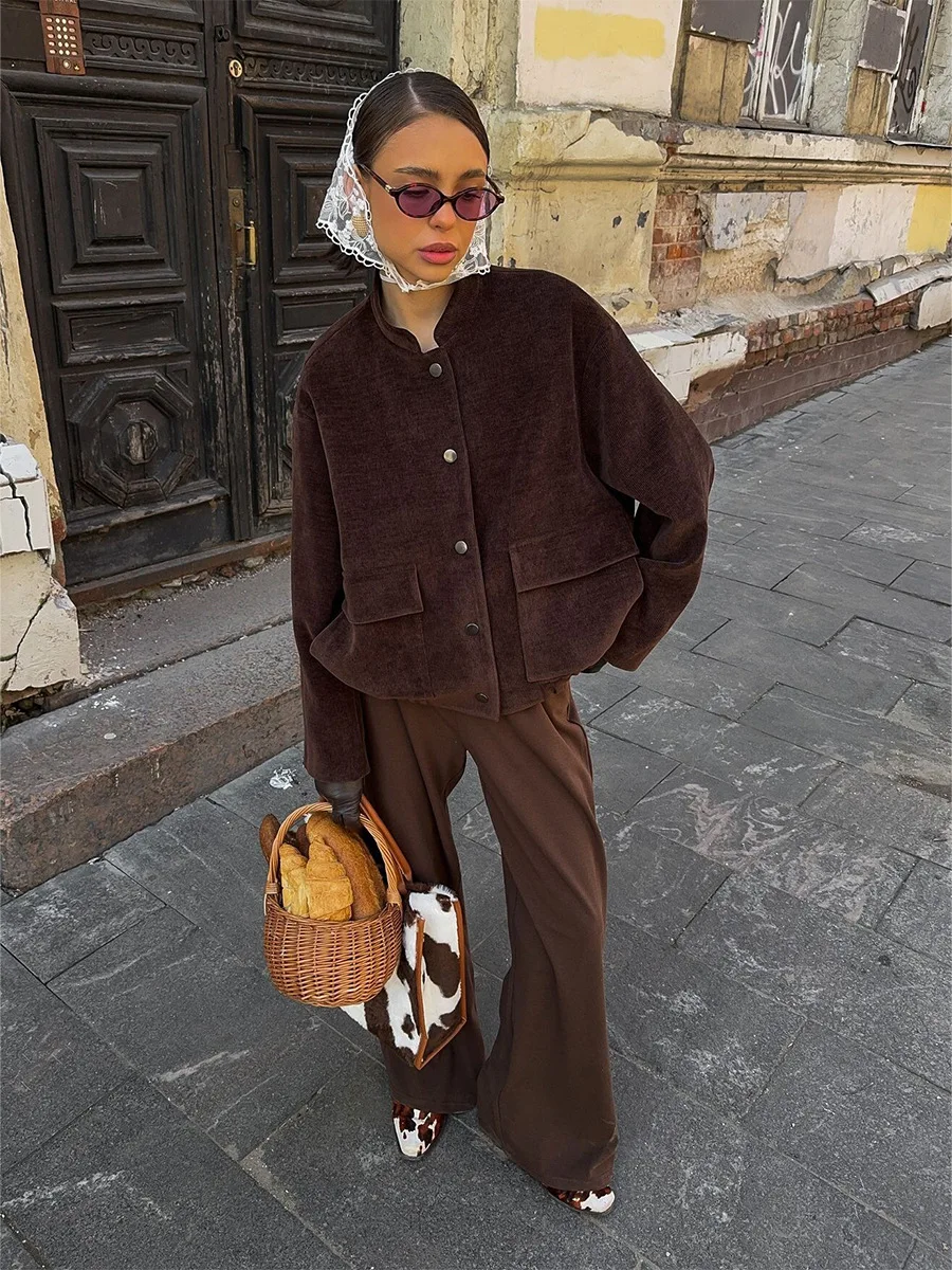Bornladies Women's New Autumn 2025 Brown Corduroy Jacket Stand Collar Trendy Loose Fit Single - Breasted Long Sleeve Fashion