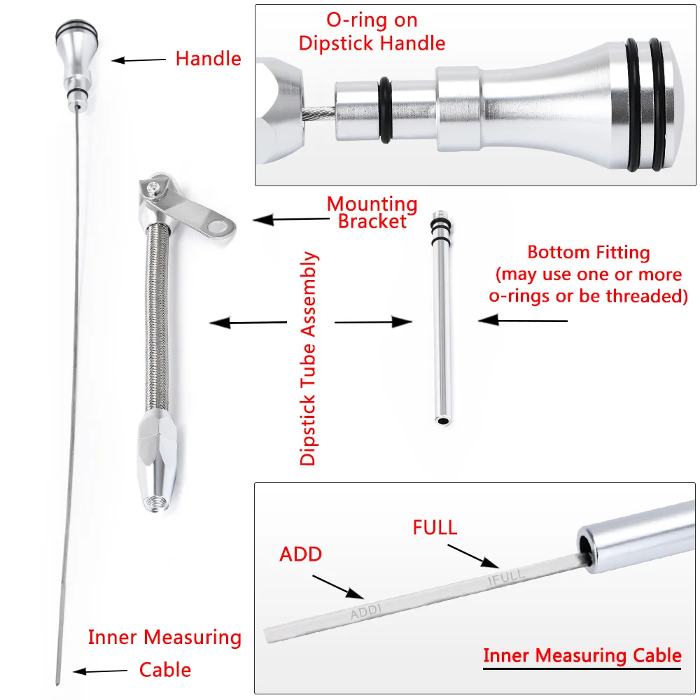Asta Di Livello Olio Flessibile In Acciaio Inox 530 Mm Per Chevy GM 700R4 SBC BBC, Nera Con Manico In Alluminio