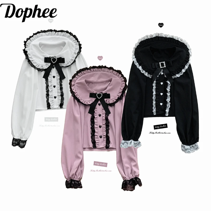 

Dophee Original Landmine System School Girls Cute Lolita Shirts Elegant Lace Peter Pan Collar Casual Top Princess Sleeve Blouses