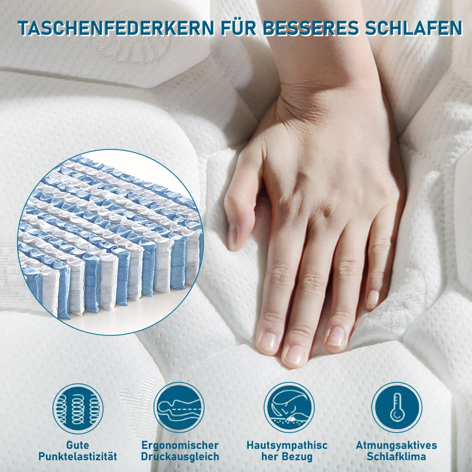 Rosahqnda 90/140/160 x 200 cm Taschenfederkernmatratze 7 Zonen Härte H3 mit Memory-Schaum-Matratze, Höhe 25 cm – Detail 2