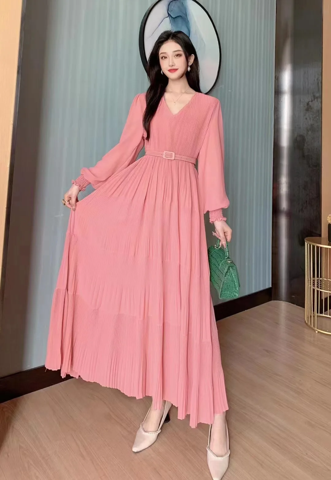 2024 New Spring Autumn Women V-Neck Long Sleeve Belt Slim Long Dress Fashion Folds Big Hem Elegant Evening Party Dress