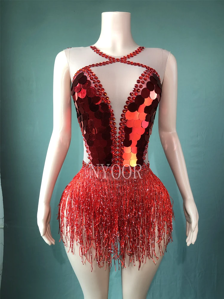 

Red Fringe Sequins Shinning Women Bodysuits Sleeveless Dance Nightclub Wear Drag Queen Outfit Transparent Mesh Stage Costume