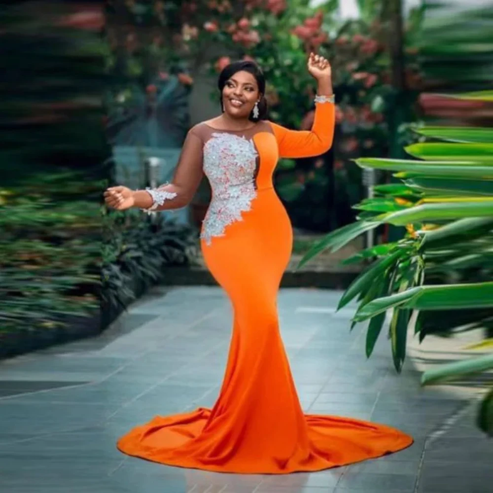

2024 New Orange Mermaid Prom Dresses Long Sleeves Sheer Evening Gowns Lace Appliques Women Formal Occasion Party Dress Aso Ebi