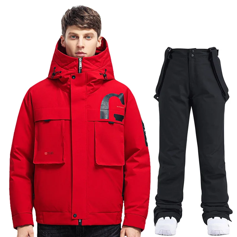 

-30 Degree Ski Suit Men Winter Snowboard Clothes Warm Waterproof White Duck Down Jacket Men Outdoor Snow Jacket +Ski Strap Pants
