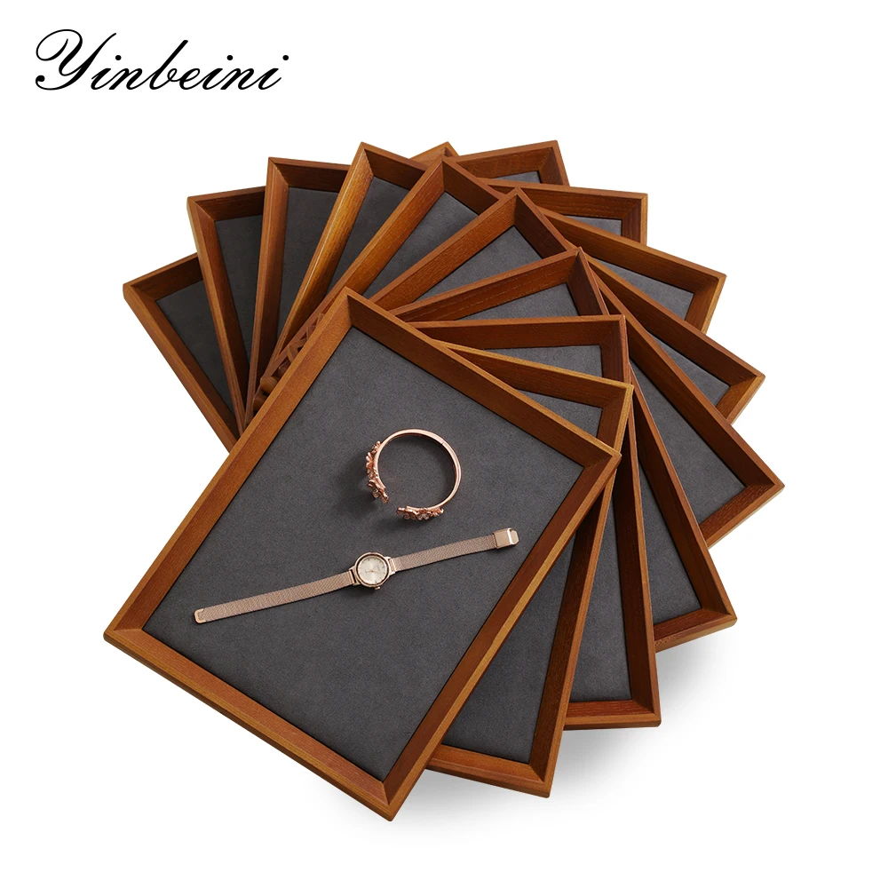 

YinBeiNi Newly Jewelry Display Tray Solid Wood&Microfiber Ring Pendant Bangle Earring Display Organizer for Counter Store