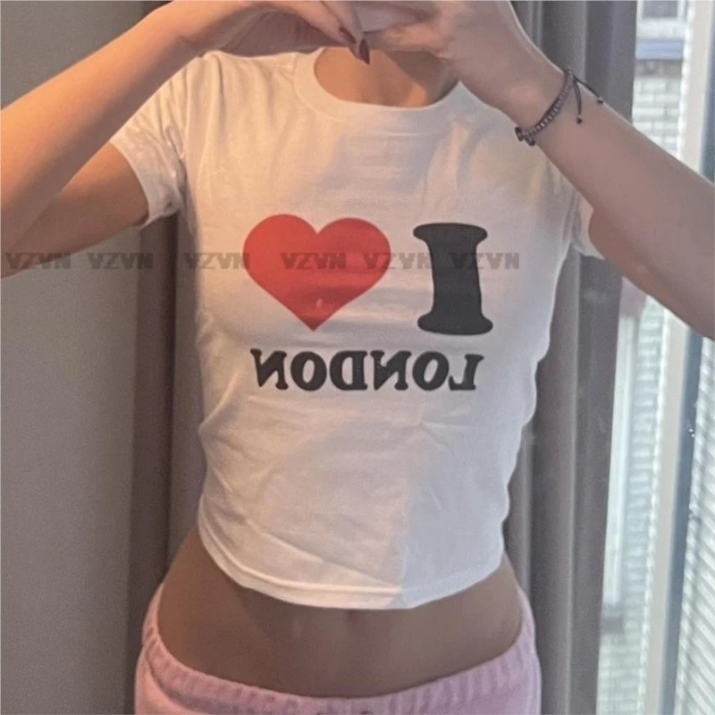 Girls Summer vintage Crop Tops Harajuku Punk I Love London Lettrer T Shirt Short Sleeve fashion Clothes y2k emo o-neck Baby tees - 2