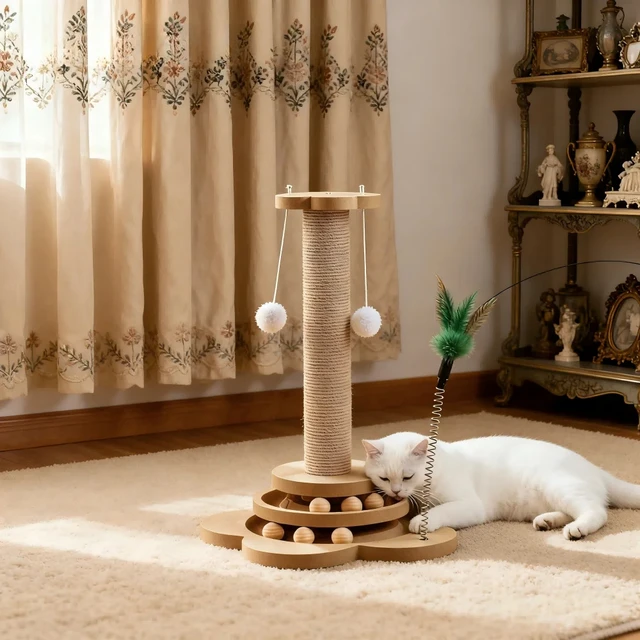 1 Set Durable Solid Wood Cat Scratching Post with Toys, Sisal Board & Interactive Turntable, Prevents Furniture Damage 1 Set Durable Solid Wood Cat Scratching Post with Toys, Sisal Board & Interactive Turntable, Prevents Furniture Damage