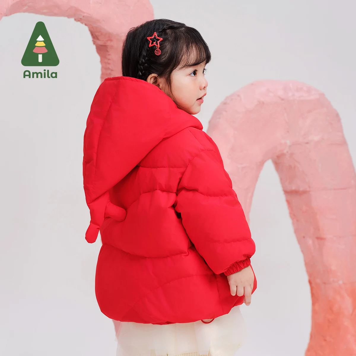 Amila Baby Down Jacket New Winter Girls Chinese Style Fishtail Design Hooded White Duck Down Warm Children's Coat