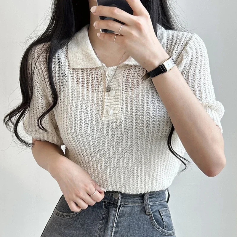 

Женская Летняя трикотажная блузка, элегантная рубашка из вискозы с коротким рукавом и отложным воротником, пуловер, Ажурные топы, повседневная одежда, 27445